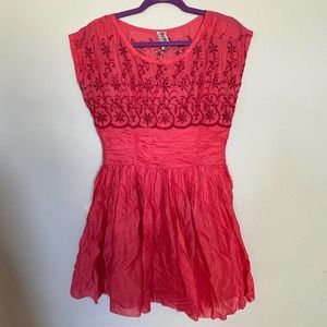 Free People Dress Embroidered Cutout Coral ruched waist size 6 side zip lined
